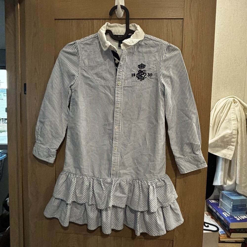 Polo Ralph Lauren Girl's Dress Size 6 Stripes Blue White Coastal Ruffles